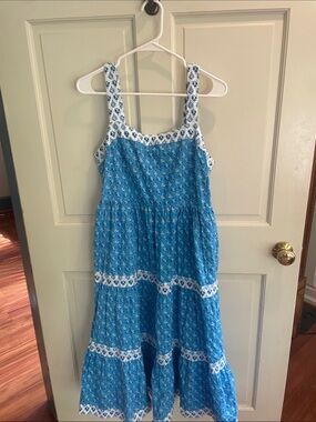J. Crew Blue Floral Tiered Sundress with White Trim
